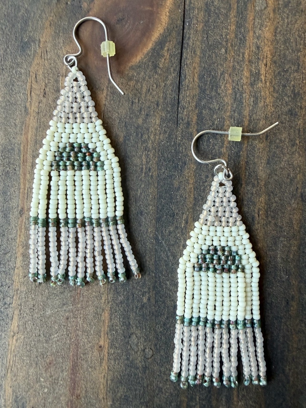 Beaded Fringe Drop Earrings in Cream and Green